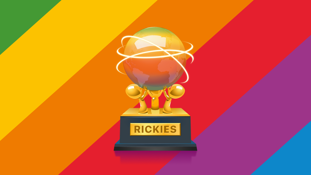 Rickies trophy with Connected globe on diagonal rainbow background